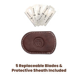 5 replacement blades & protective sheath included.